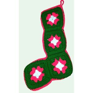Handmade Crochet Christmas Stocking Floral Design In Green Red White 14"x10"x8"